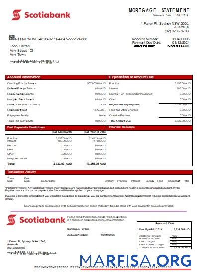 Printable Australia Scotiabank bank mortgage statement scr template